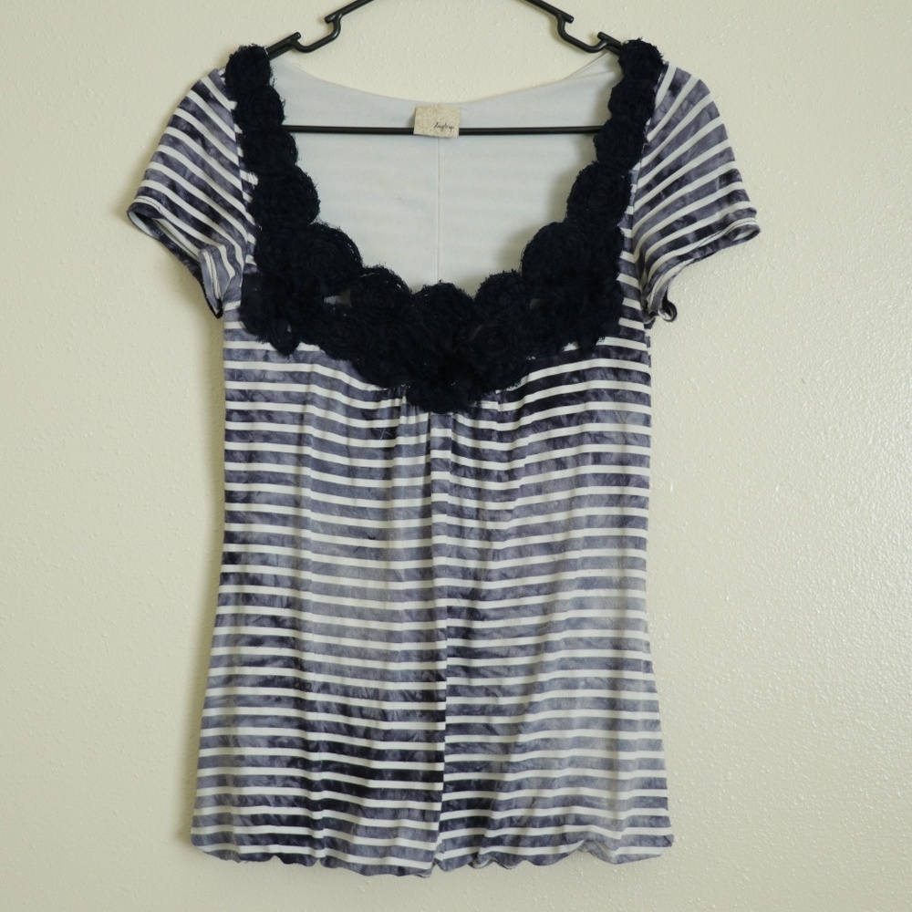 Daytrip Blue Striped Floral Collar Blouse